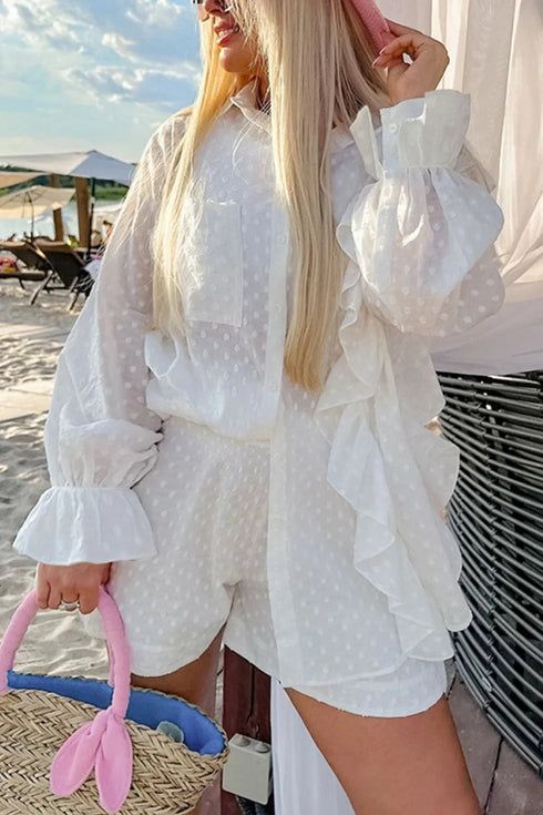 'Avonlace' Collared Neck Top and Shorts Set - Celes Fashion